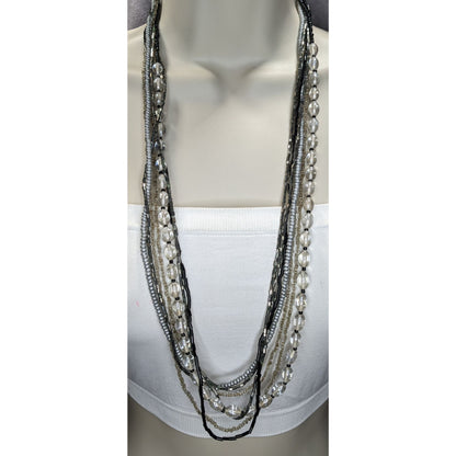 Boho Minimalist Glass Wood Bead Multistrand Necklace Black Silver Clear 26 Inch