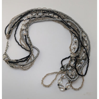 Boho Minimalist Glass Wood Bead Multistrand Necklace Black Silver Clear 26 Inch
