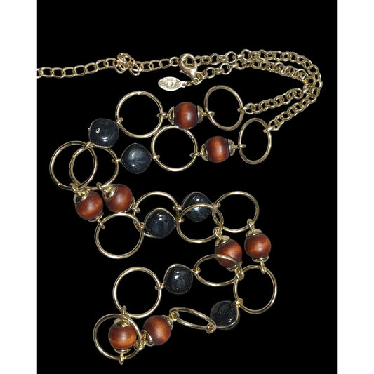 Chico's Brown And Black Beaded Gold Tone Ring Link Necklace
