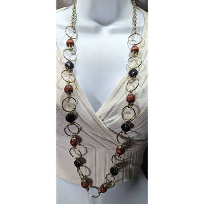 Chico's Brown And Black Beaded Gold Tone Ring Link Necklace