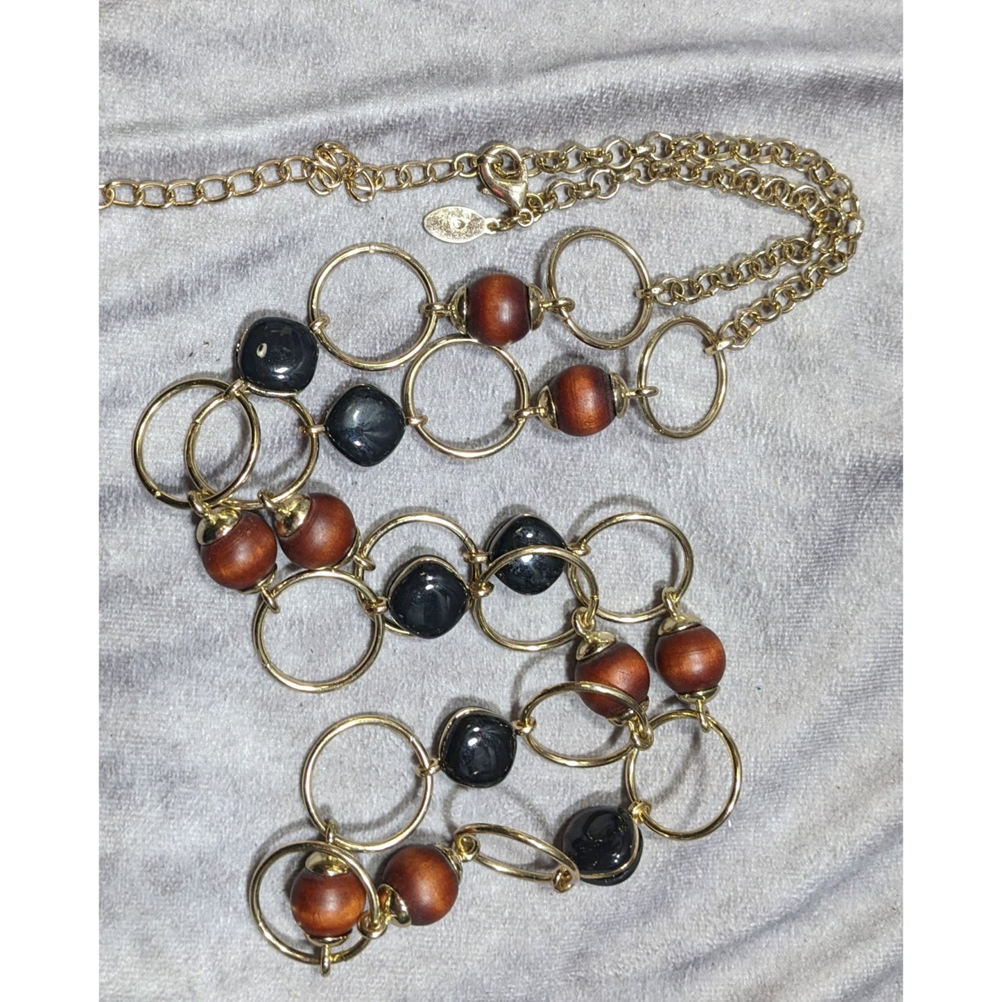 Chico's Brown And Black Beaded Gold Tone Ring Link Necklace