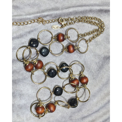 Chico's Brown And Black Beaded Gold Tone Ring Link Necklace