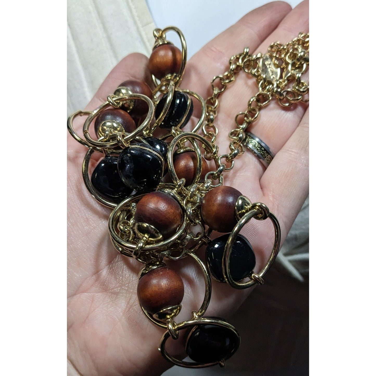 Chico's Brown And Black Beaded Gold Tone Ring Link Necklace