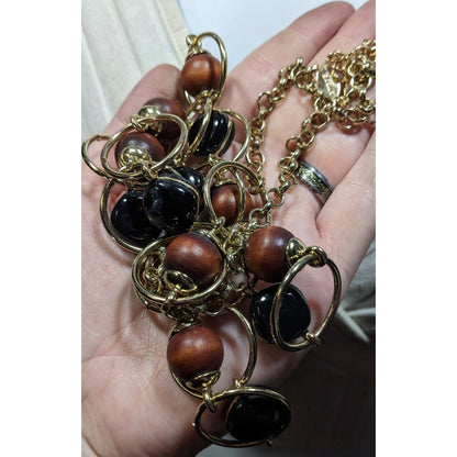 Chico's Brown And Black Beaded Gold Tone Ring Link Necklace