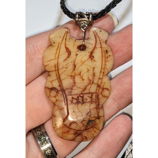 Vintage Tribal Carved Stone Necklace Tan Faux Leather Cord Boho Ethnic Pendant