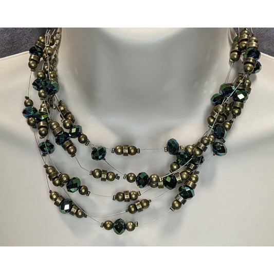 Vintage Cookie Lee Layered Floating Beaded Necklace Green Glass Gold Tone Glam