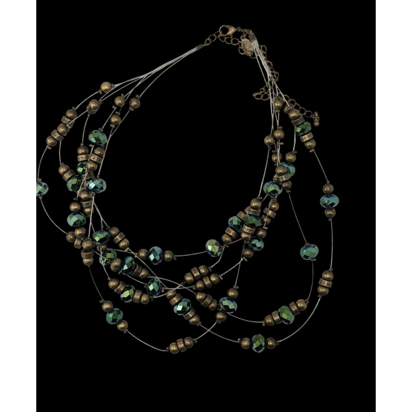 Vintage Cookie Lee Layered Floating Beaded Necklace Green Glass Gold Tone Glam