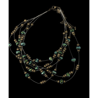 Vintage Cookie Lee Layered Floating Beaded Necklace Green Glass Gold Tone Glam