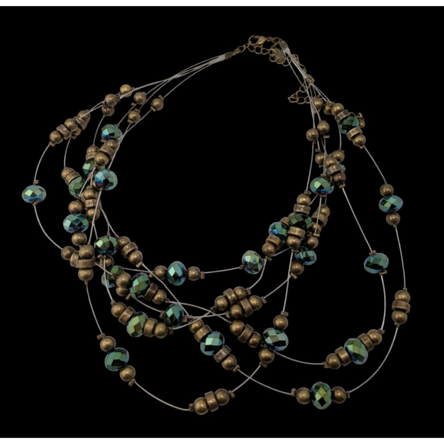 Vintage Cookie Lee Layered Floating Beaded Necklace Green Glass Gold Tone Glam