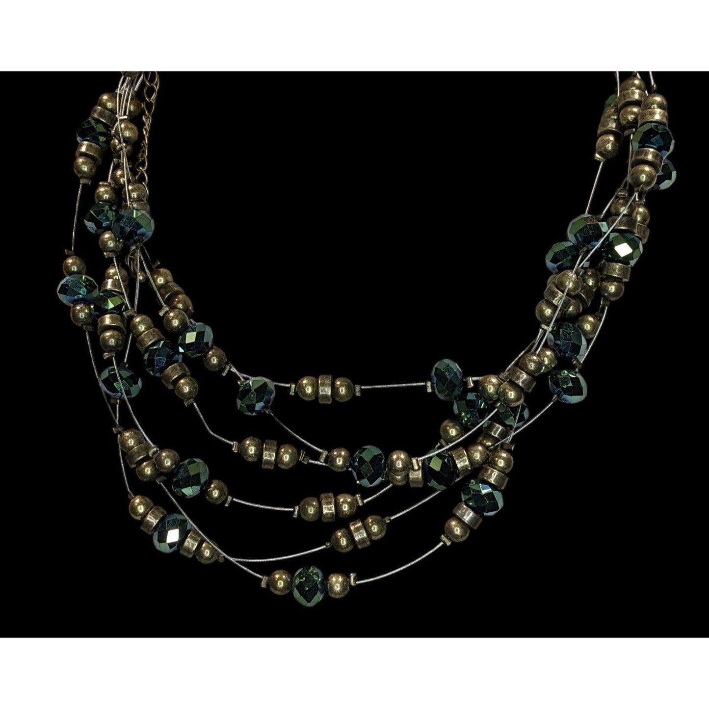 Vintage Cookie Lee Layered Floating Beaded Necklace Green Glass Gold Tone Glam