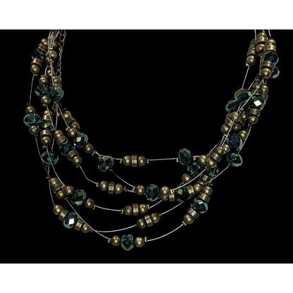 Vintage Cookie Lee Layered Floating Beaded Necklace Green Glass Gold Tone Glam