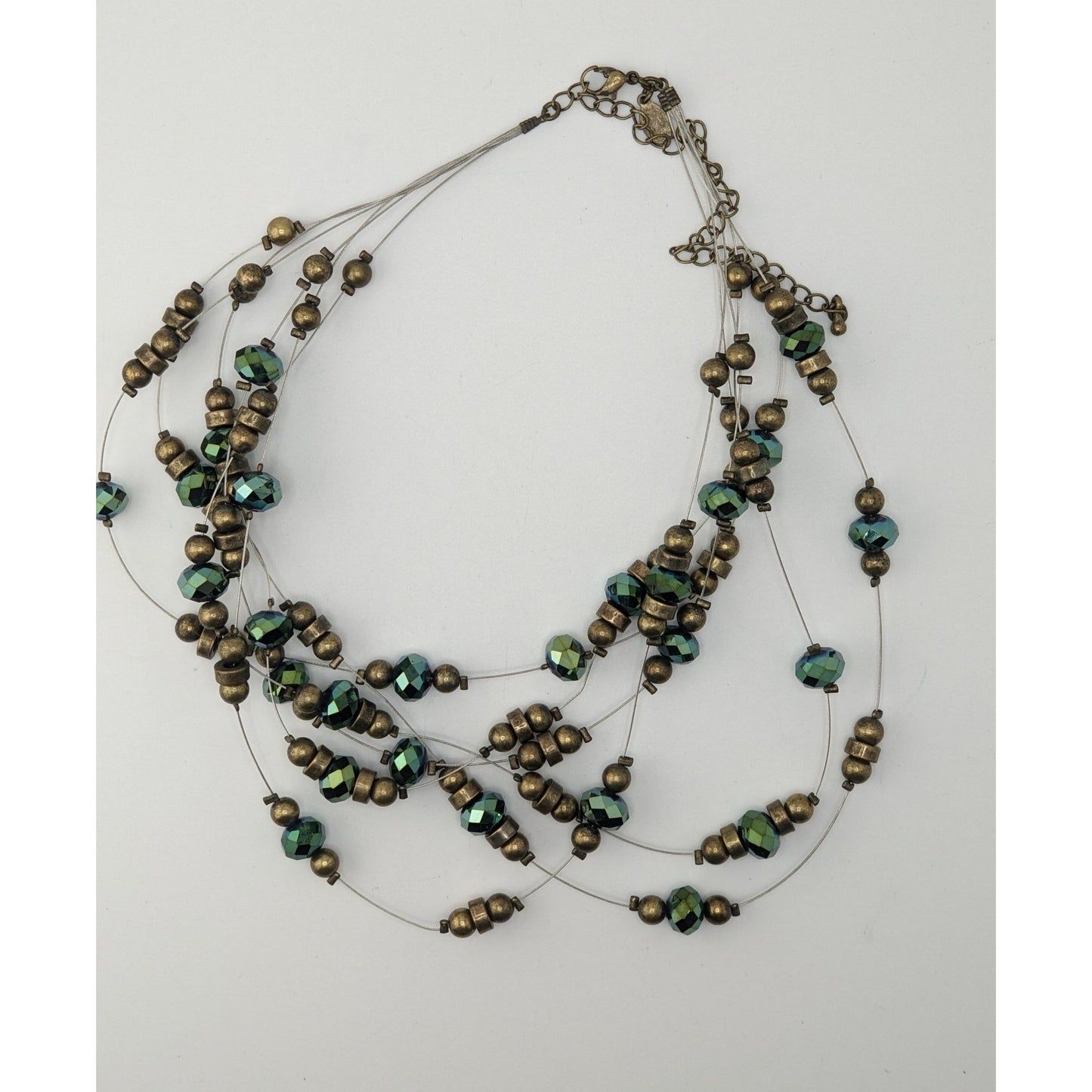 Vintage Cookie Lee Layered Floating Beaded Necklace Green Glass Gold Tone Glam