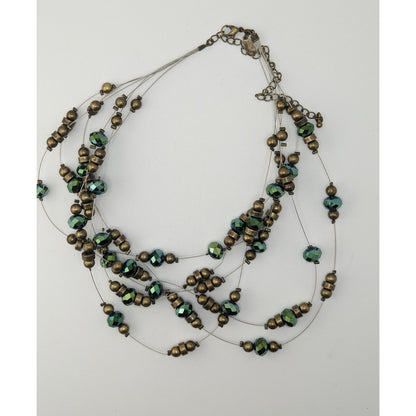 Vintage Cookie Lee Layered Floating Beaded Necklace Green Glass Gold Tone Glam