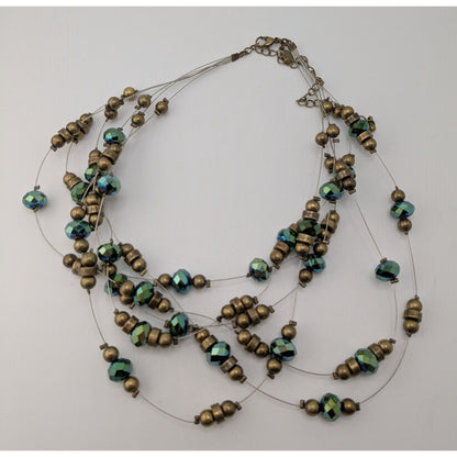 Vintage Cookie Lee Layered Floating Beaded Necklace Green Glass Gold Tone Glam