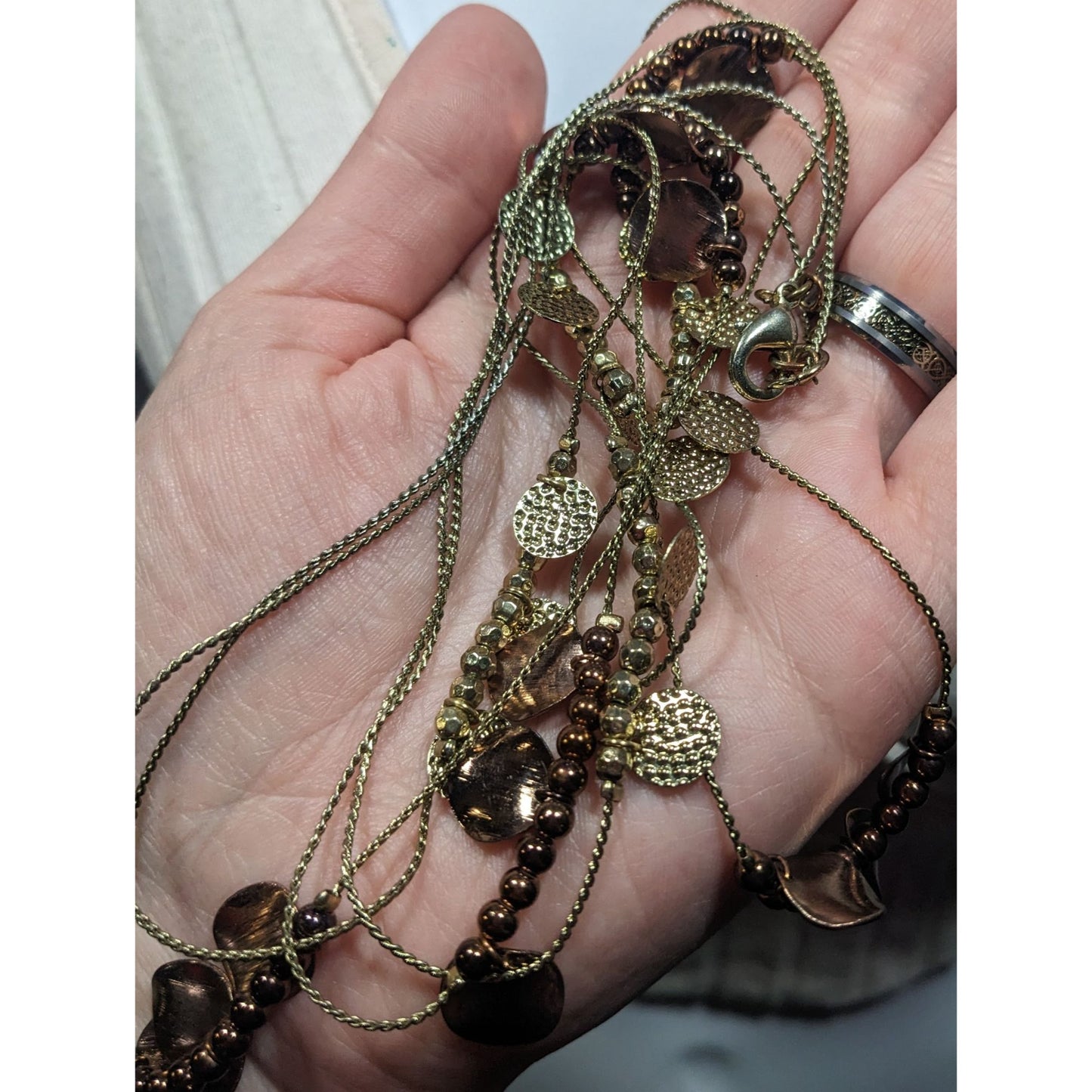 Elegant Bohemian Gold Tone Bead And Disc Charm Station Necklace