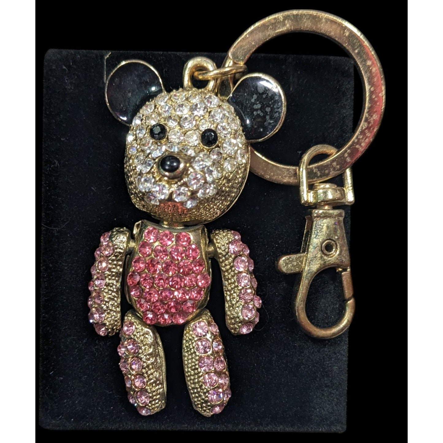 Vintage Glam Pink And Gold Tone Rhinestone Articulated Bear Keychain