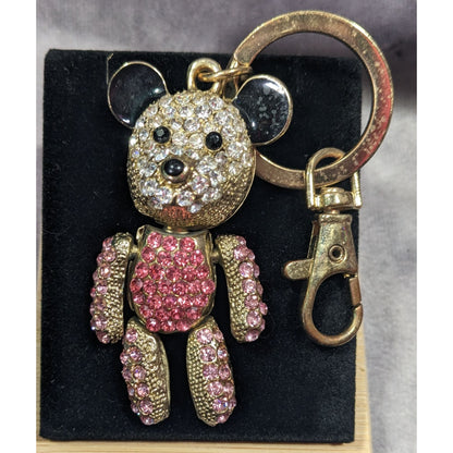 Vintage Glam Pink And Gold Tone Rhinestone Articulated Bear Keychain