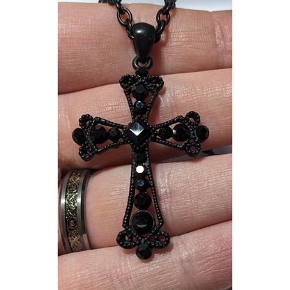 Gothic Black Rhinestone Cross Pendant Necklace