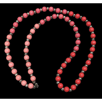 Vintage Pink And Red Beaded Necklace With Silver Tone Accents
