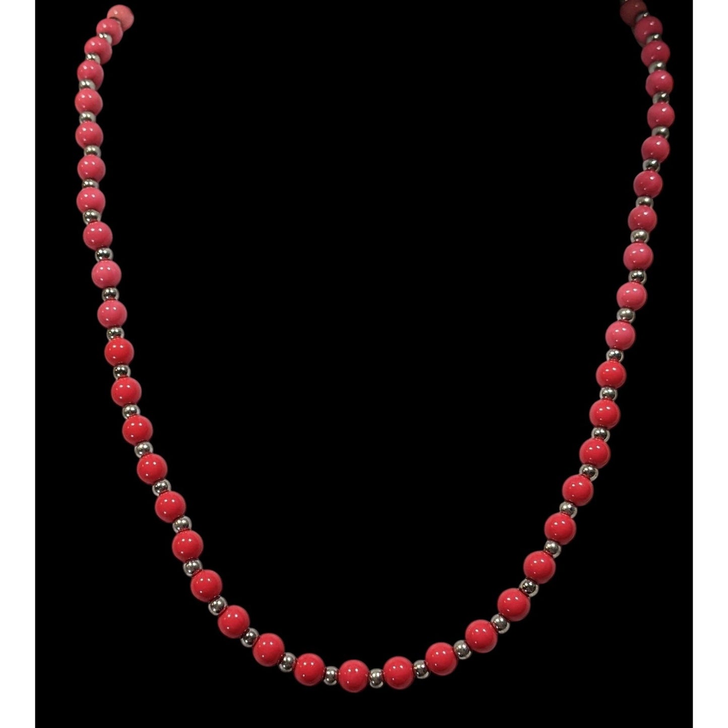 Vintage Pink And Red Beaded Necklace With Silver Tone Accents