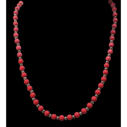 Vintage Pink And Red Beaded Necklace With Silver Tone Accents