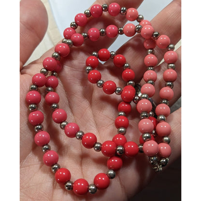 Vintage Pink And Red Beaded Necklace With Silver Tone Accents