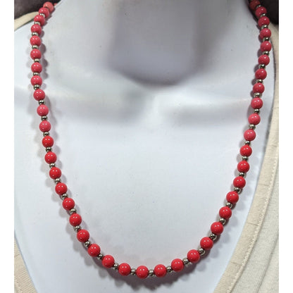 Vintage Pink And Red Beaded Necklace With Silver Tone Accents