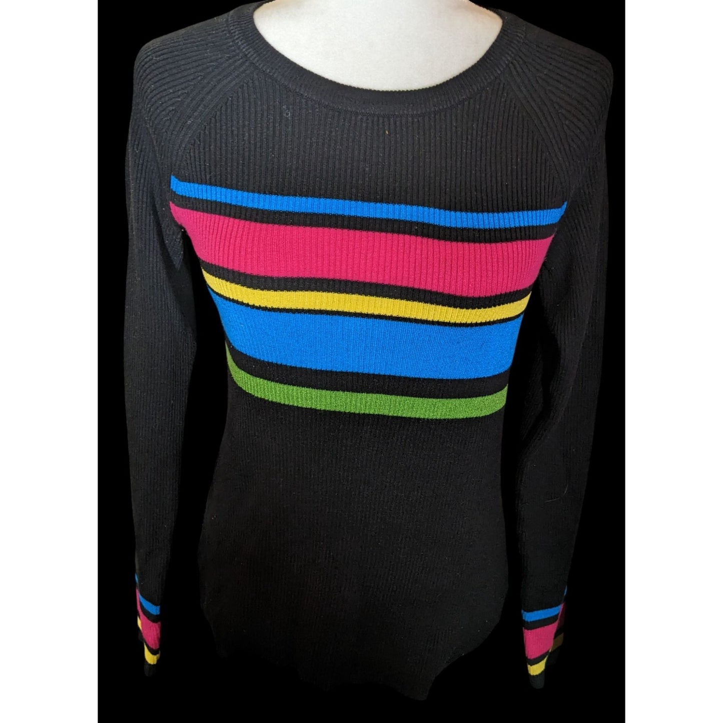 IZ Byer Black Knit Top With Vibrant Stripe Accents