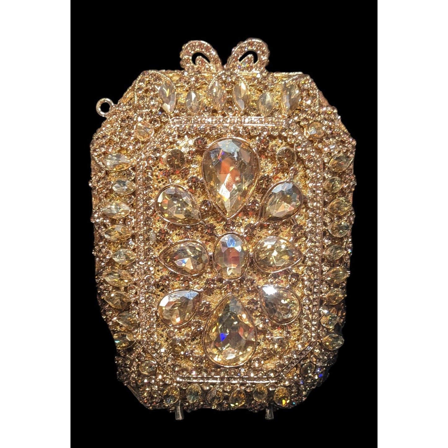 Luxury Rhinestone Encrusted Evening Bag Gold Tone With Removable Chain Strap