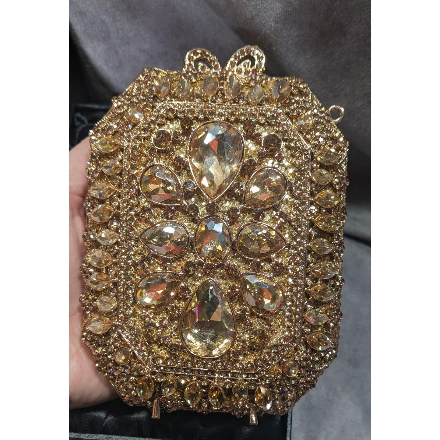 Luxury Rhinestone Encrusted Evening Bag Gold Tone With Removable Chain Strap