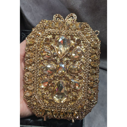 Luxury Rhinestone Encrusted Evening Bag Gold Tone With Removable Chain Strap
