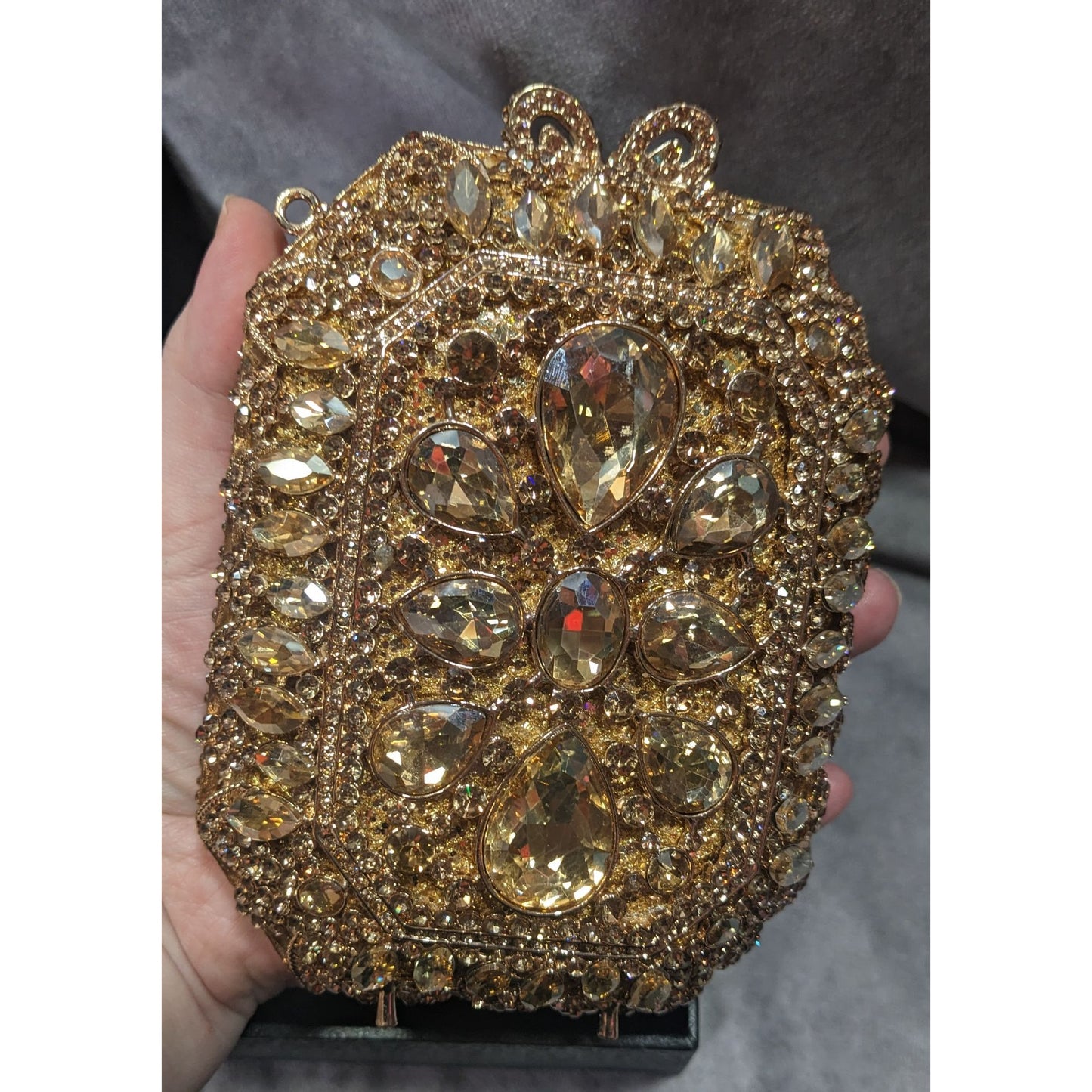 Luxury Rhinestone Encrusted Evening Bag Gold Tone With Removable Chain Strap