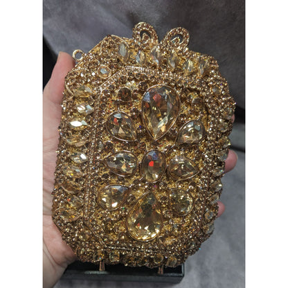 Luxury Rhinestone Encrusted Evening Bag Gold Tone With Removable Chain Strap