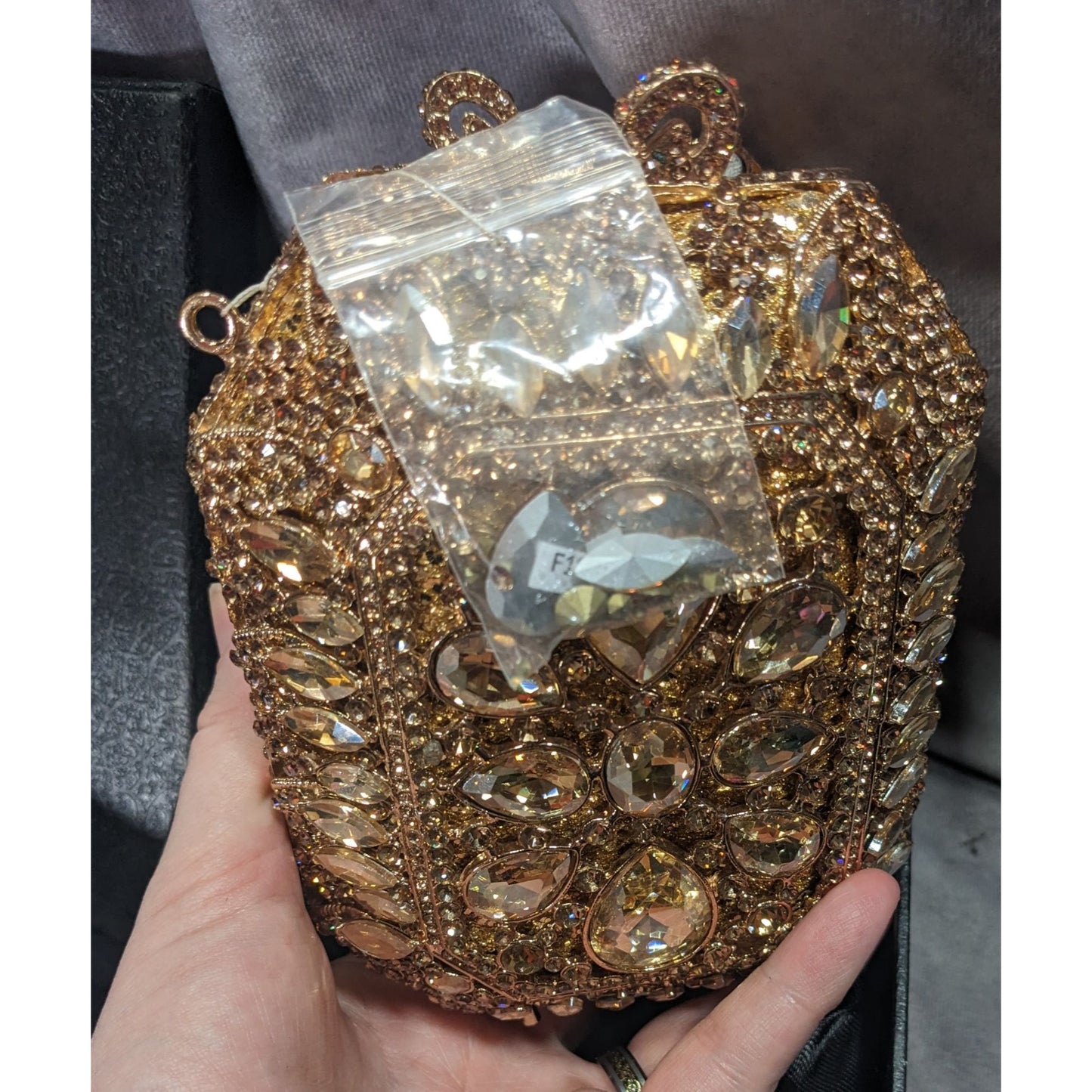 Luxury Rhinestone Encrusted Evening Bag Gold Tone With Removable Chain Strap