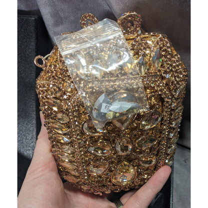 Luxury Rhinestone Encrusted Evening Bag Gold Tone With Removable Chain Strap