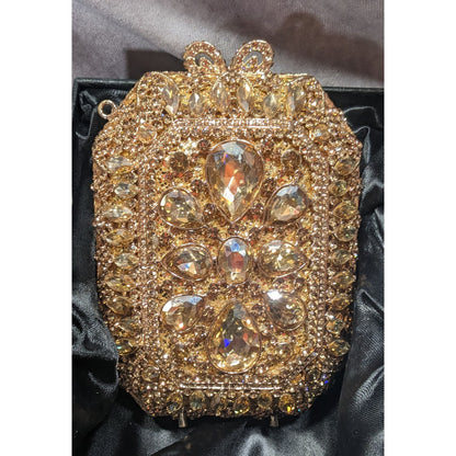 Luxury Rhinestone Encrusted Evening Bag Gold Tone With Removable Chain Strap