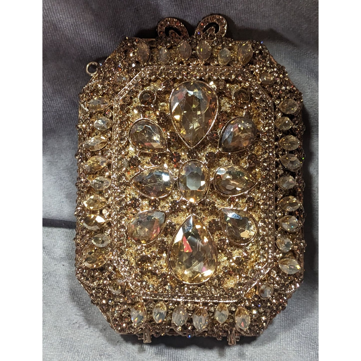 Luxury Rhinestone Encrusted Evening Bag Gold Tone With Removable Chain Strap
