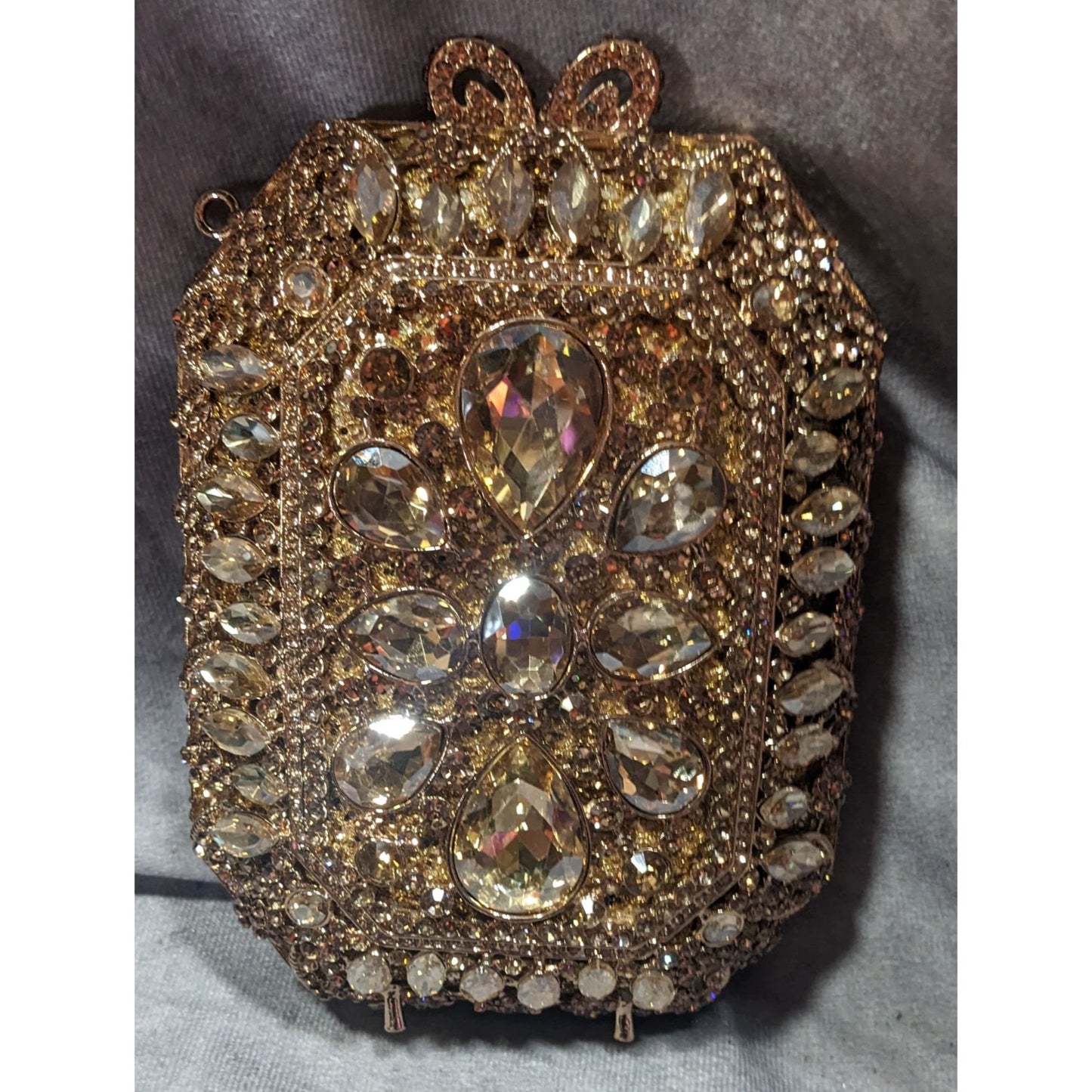 Luxury Rhinestone Encrusted Evening Bag Gold Tone With Removable Chain Strap