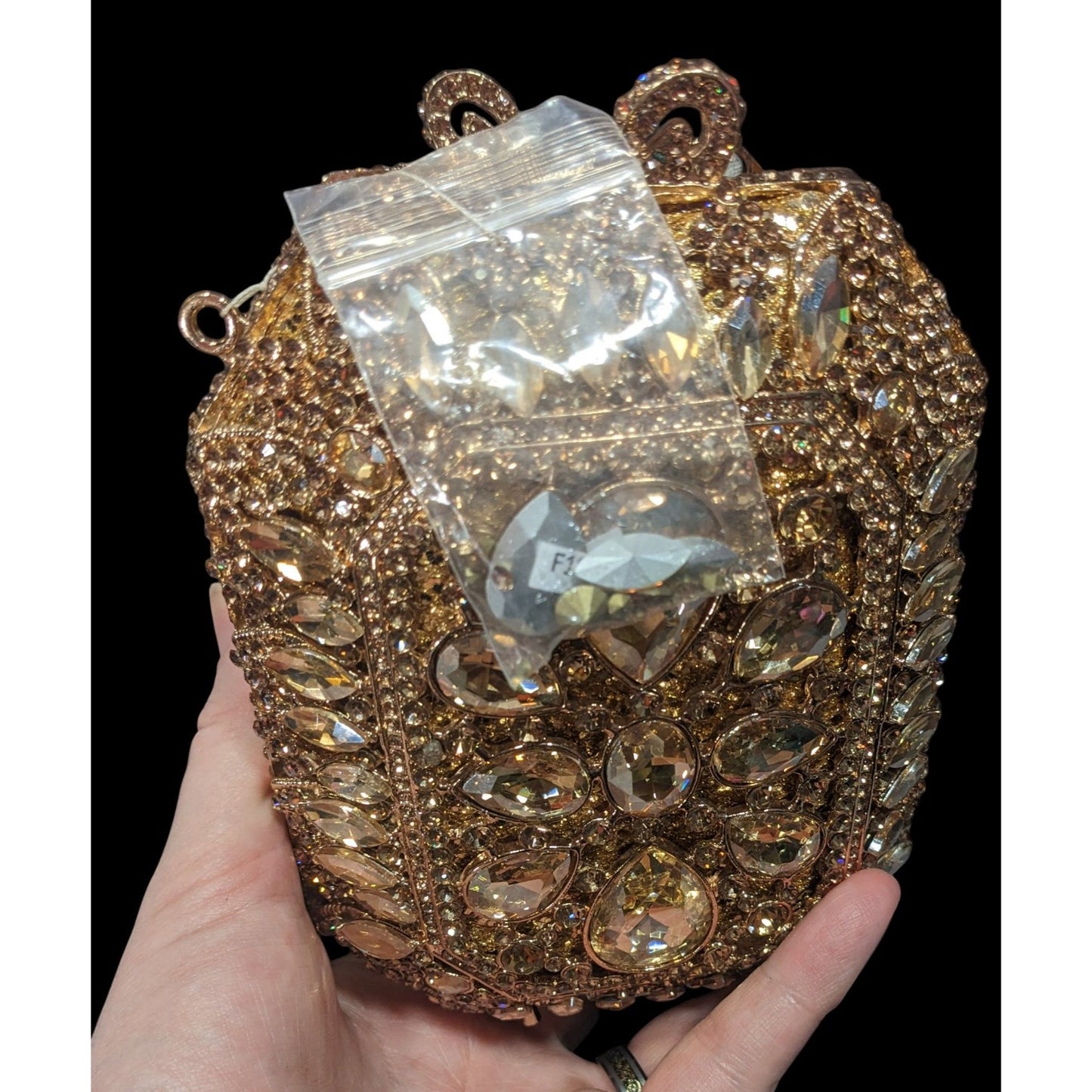 Luxury Rhinestone Encrusted Evening Bag Gold Tone With Removable Chain Strap