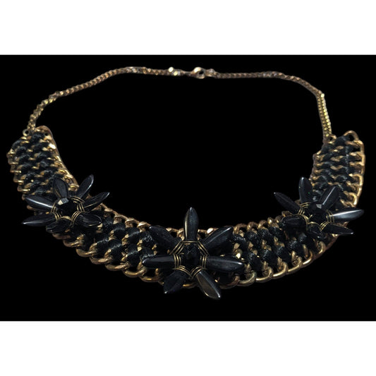 Glam Goth Chunky Floral Black And Gold Tone Necklace