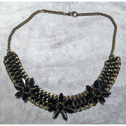 Glam Goth Chunky Floral Black And Gold Tone Necklace