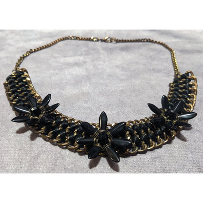 Glam Goth Chunky Floral Black And Gold Tone Necklace
