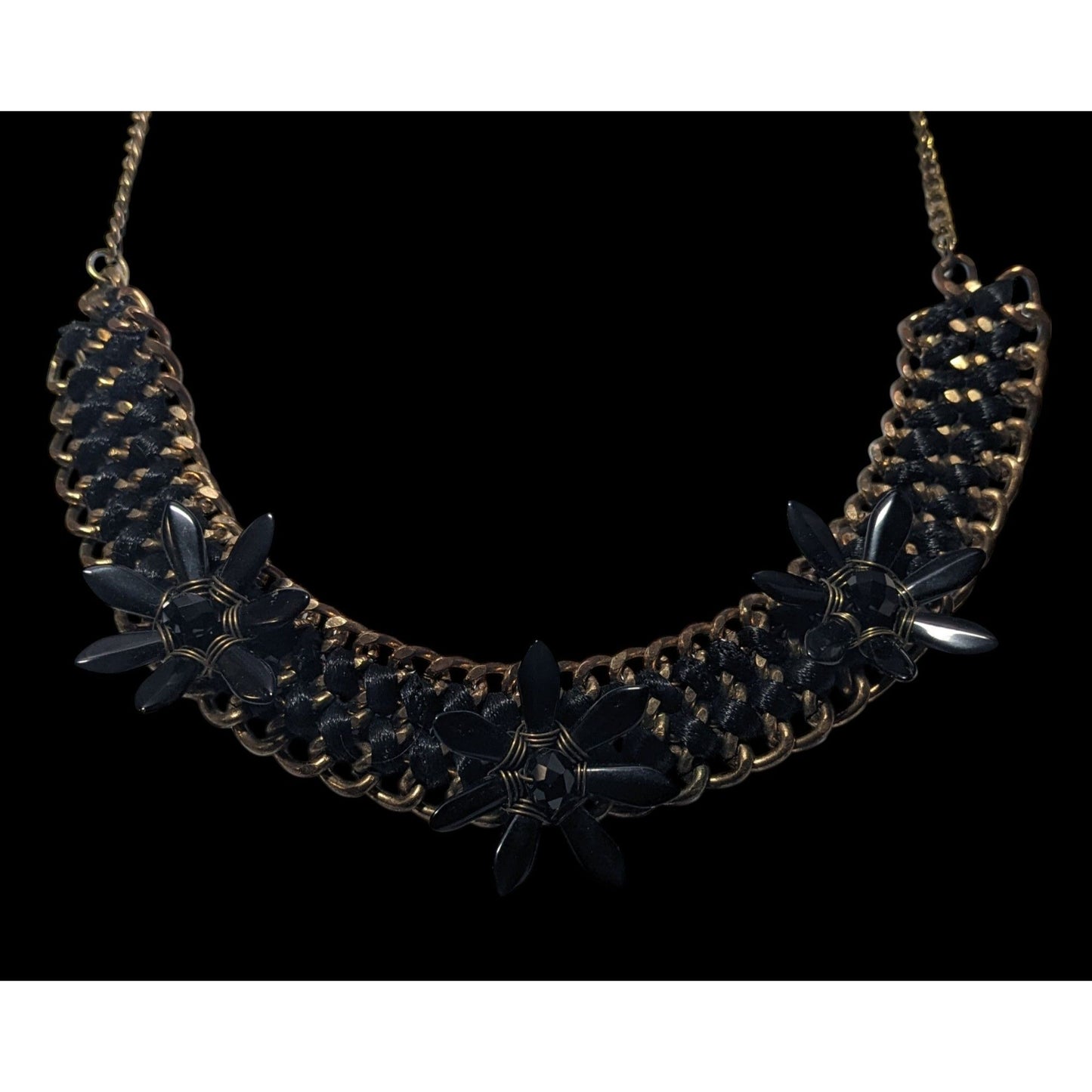 Glam Goth Chunky Floral Black And Gold Tone Necklace