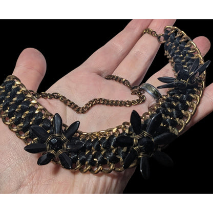 Glam Goth Chunky Floral Black And Gold Tone Necklace