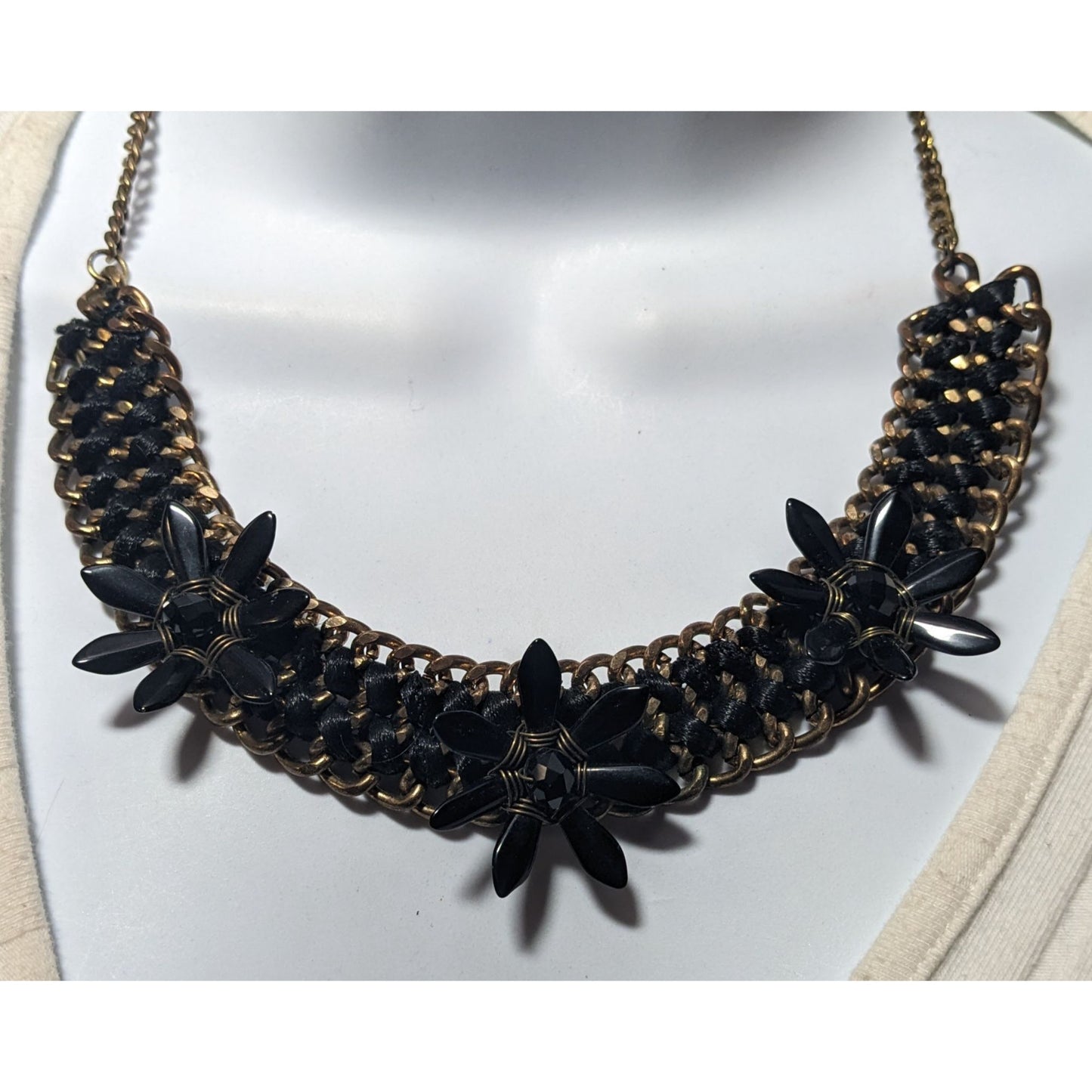Glam Goth Chunky Floral Black And Gold Tone Necklace