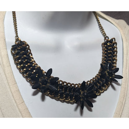 Glam Goth Chunky Floral Black And Gold Tone Necklace