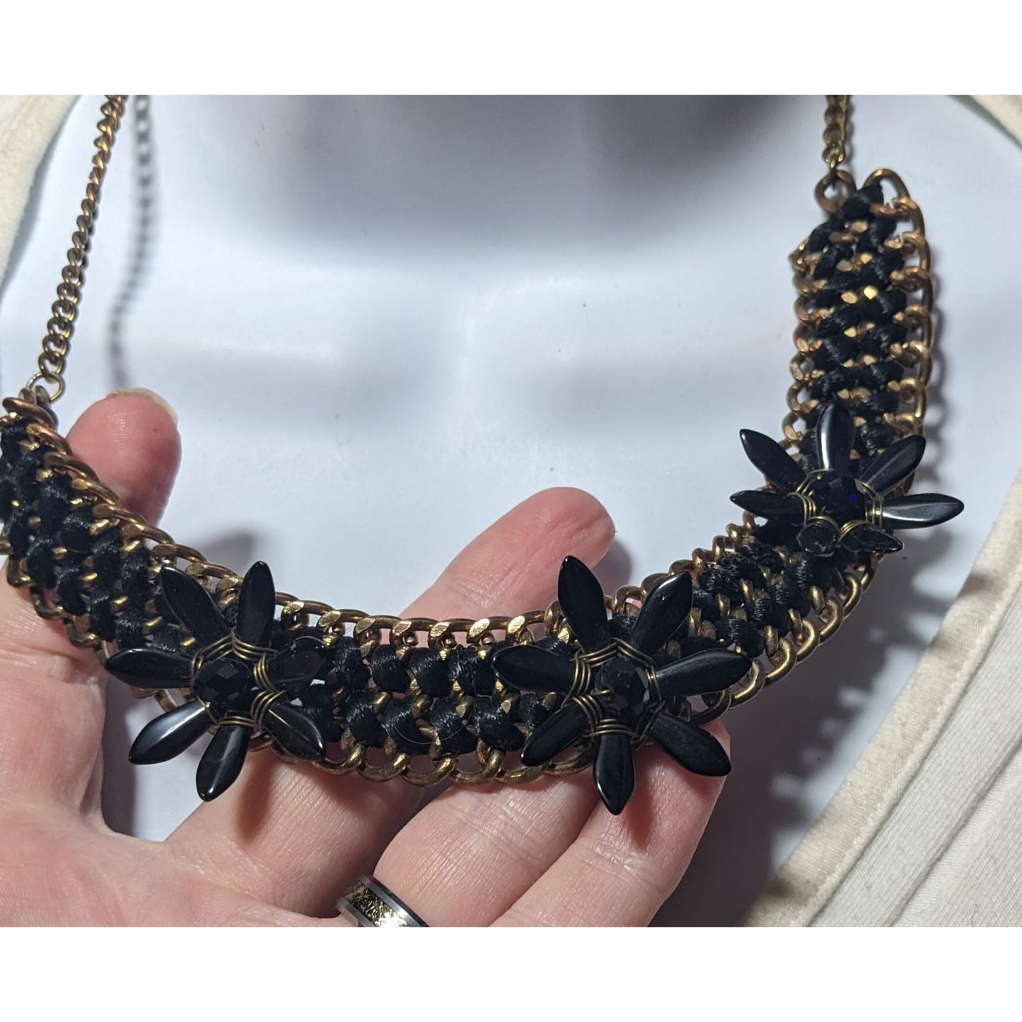 Glam Goth Chunky Floral Black And Gold Tone Necklace