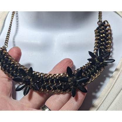 Glam Goth Chunky Floral Black And Gold Tone Necklace