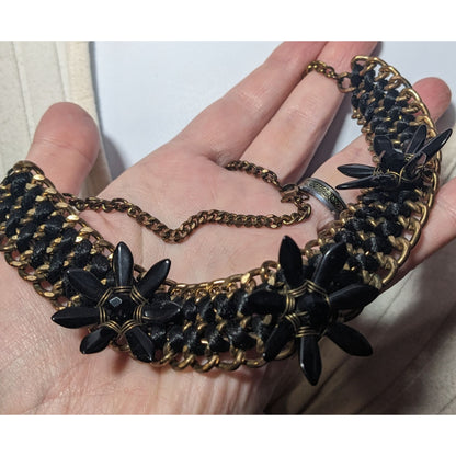 Glam Goth Chunky Floral Black And Gold Tone Necklace