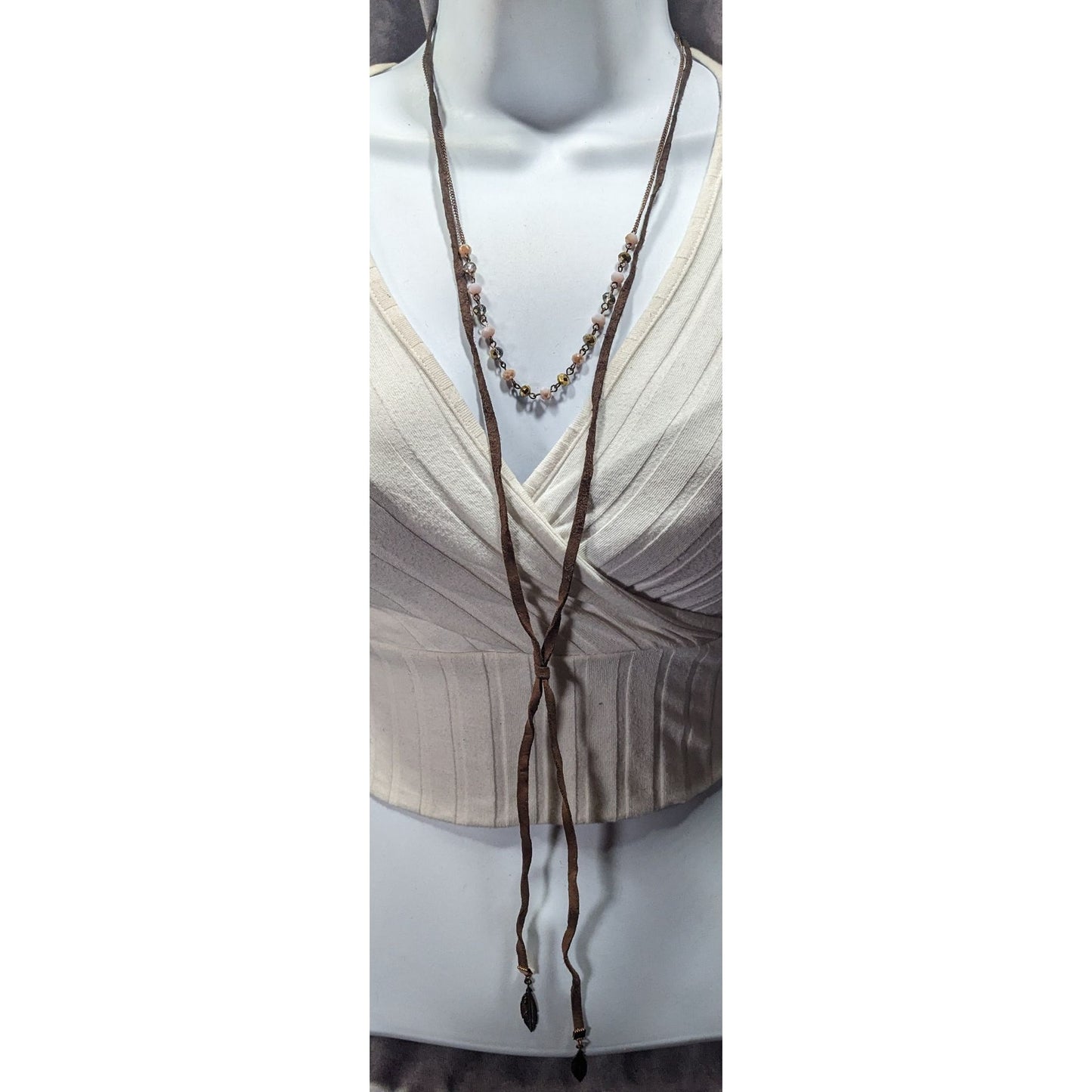 Bohemian Hippie Brown Suede Beaded Necklace With Tie Accent